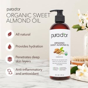 Pura D'or Organic Sweet Almond Oil - 16oz (473 ml) - Natural Moisturising Oil for Skin & Hair